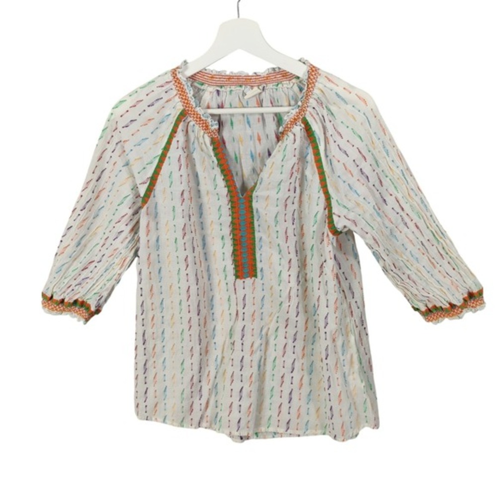 Ivy Jane Womens Boho Peasant Cotton Blouse M White Multi Embroidered Gauze Top